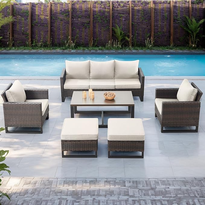 Rilyson Wicker Outdoor Patio Furniture Set - 6 Piece Patio Conversation Set with 2 Armrest Chairs,2 Rattan Ottoman,1 Couch and 1 Metal Side Table for Outside Porch Deck Backyard(Brown/Beige)