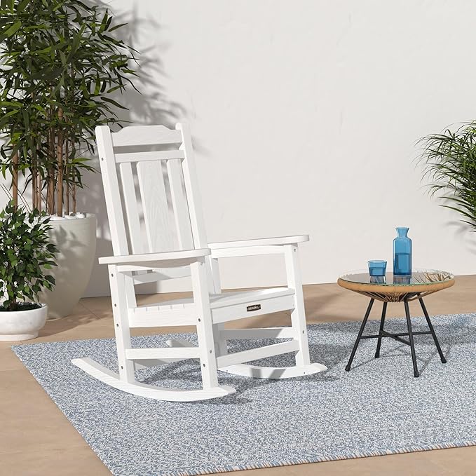 SERWALL White Outdoor Rocking Chair Set of 2, HDPE Outdoor Rocker