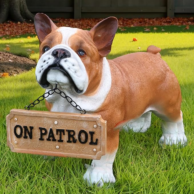 French Bulldog Outdoor Dog Statue with Reversible “Welcome/ON Patrol” Hanging Plaque and Solar Walkway Lantern, Brown & White Standing Yard Accent