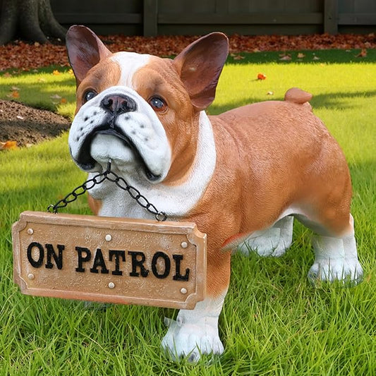 French Bulldog Outdoor Dog Statue with Reversible “Welcome/ON Patrol” Hanging Plaque and Solar Walkway Lantern, Brown & White Standing Yard Accent