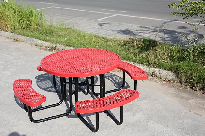 8-Person Picnic Tables for Outdoors, Industrial 46" Expanded Metal Round Picnic Table with 4 Benches & Umbrella Hole, Outside Table and Bench Set for Park, Garden, Backyard, Patio, Red