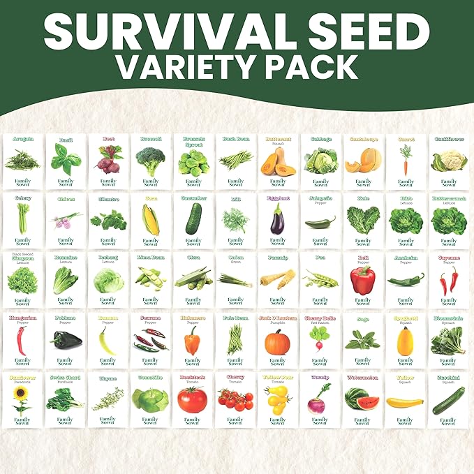 55 Vegetable Seed Packets | Survival Variety Pack | 2025 Season | Individually Packed Vegetables, Herbs and Fruits | Emergency Seed Vault for Doomsday Prepping | by Family Sown