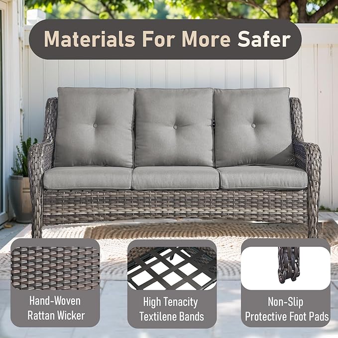 Wicker Outdoor Conversation Se with 50,000 BTU Gas Propane Fire Pit Tablet-7 Pieces Outdoor Wicker High Back Couch Patio Furniture for Deck Poolside Backyard
