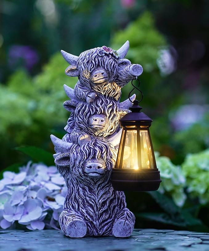 Solar Highland Cow Outdoor Decor:Garden Statue Outside Lantern Ornaments for Yard Lawn Patio Porch- Unique Gifts for Mom Women Grandma(Grey)