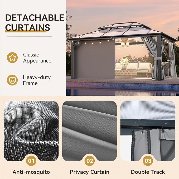 Aoxun 12'x16' Hardtop Gazebo, Aluminum Frame Permanent Pavilion with Curtains and Netting, Outdoor Polycarbonate Double Roof Canopy, Designed for Garden, Lawns (Gray)