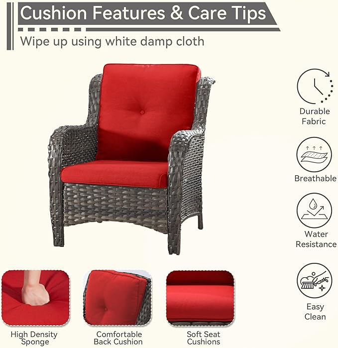 Patio Wicker Chairs Set of 2, Patio Rattan Dining Chairs with 3.5-inch Seat Cushions, High Back and Curved Armrest for Garden, Backyard, Balcony and Deck, Red
