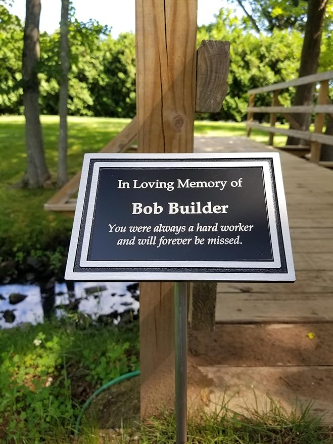 Outdoor Memorial Plaque with Stake – Cast Aluminum in Black and Silver with Custom Engraving, Weather-Resistant Dedication Sign for Garden, Cemetery, Bench, Grave Marker & Pet Memorials