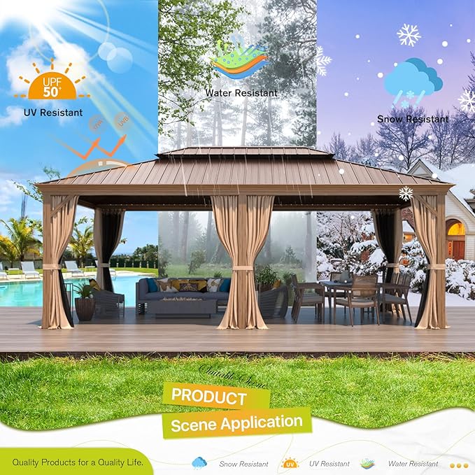 MELLCOM 14'x20' Gazebo, Galvanized Steel Double Roof with Wood Grain Aluminum Frame, Outdoor Permanent Metal Pavilion with Curtains and Nettings for Patio, Backyard and Deck