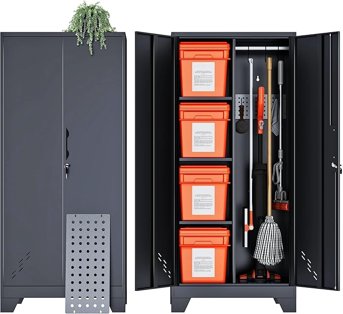 Storage Cabinet 61" H, Metal Outdoor Sheds with Shelves for Tools Storage, Cleaning Supplies Closet with Removable Pegboard for Outdoor, Garage, Utility Room