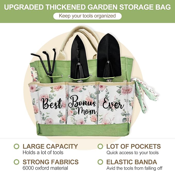 Bonus Mom Gifts, Garden Kit Bonus Mom Gifts from Bonus Daughter Floral Gardening Tools and Durable Garden Tools Organizer Tote, Gardening Set for Women on Birthday Plant Lover Present