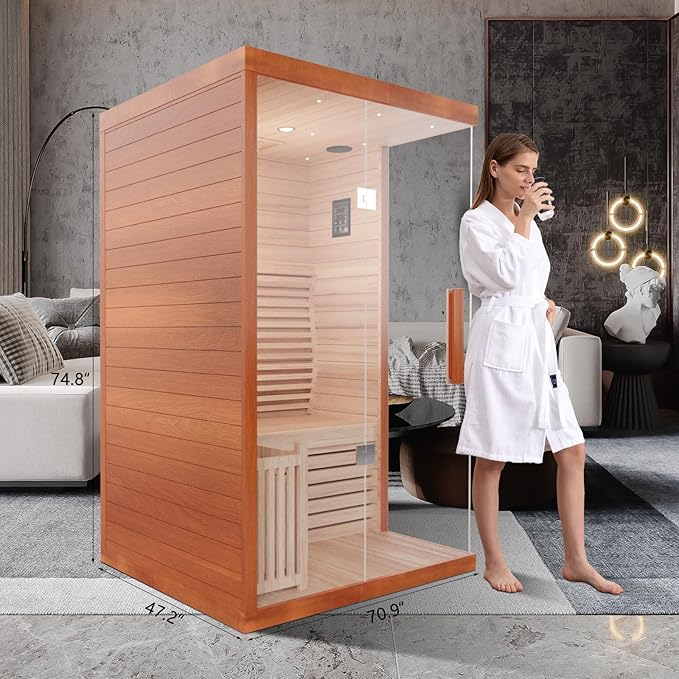 3 Person Wooden Steam Sauna Room, Red Cedar Luxurious Indoor Sona House with 6 KW Harvia Heater, Wi-Fi Controller, Bluetooth Speaker, Wooden Bucket, Scoop, Reading Light, 220V