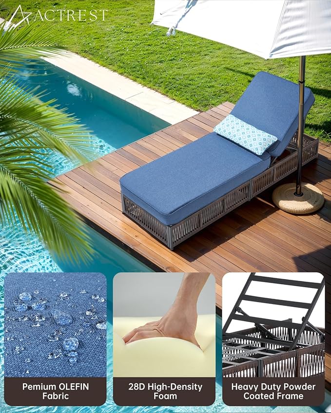 Luxury 2PCS Outdoor Chaise Lounge and Side Table Set with 5 Inch Thick Cushions - High Back Brown Wicker Patio Recliners Chairs Lounger for Poolside Pool Porch Garden Sunbathing - Navy Blue