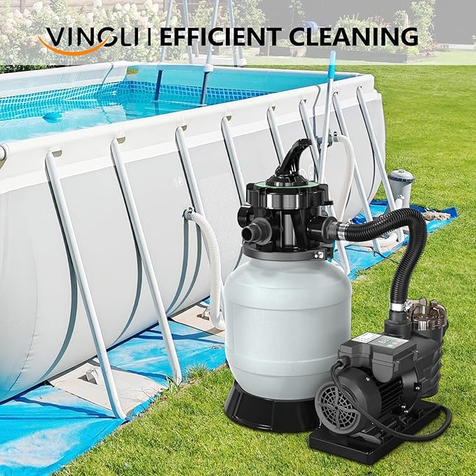 VINGLI Sand Pool Filter 10in Tank with A 1/3HP Pool Pump 115V, 24H Timer Above Ground Inground Swimming Pool Pump with Filter Basket,Max Flow Rate 2087 GPH