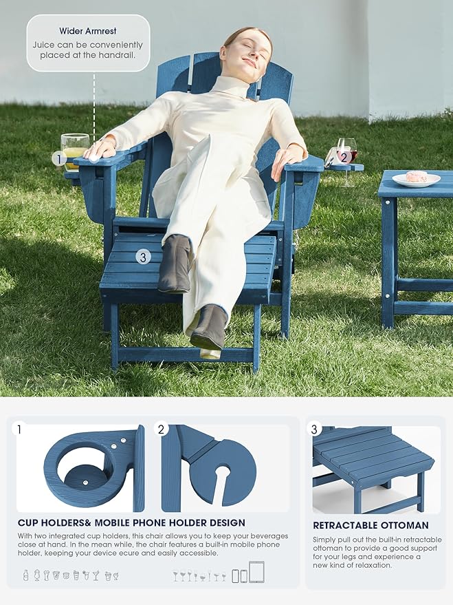 KINGYES Folding Adjustable Adirondack Chairs with Ottoman & 2 Cup Holders Set of 2, HDEP Multifunctional Adirondack Chair with Footrest, Blue