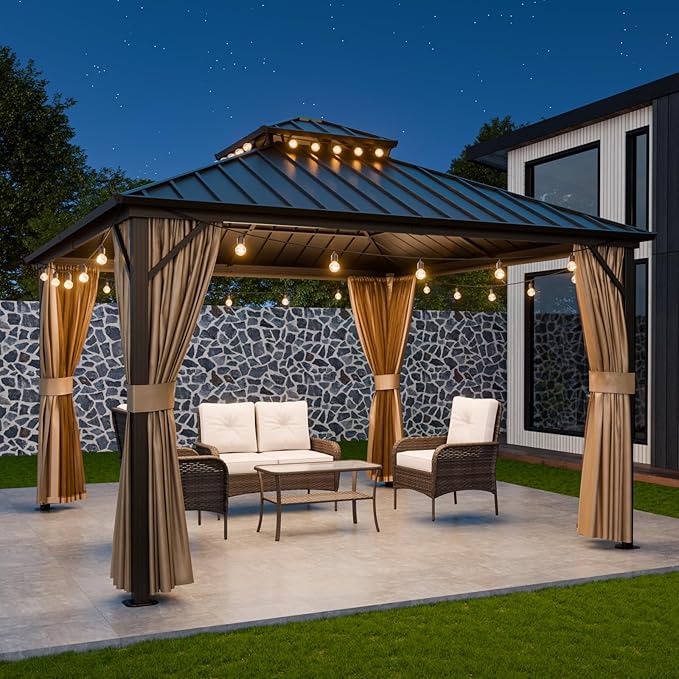 COOS BAY 12x12 Hardtop Gazebo with Aluminum Frame, Galvanized Steel Double Roof Outdoor Pavilion with Netting and Curtains, Dark Brown/Tan
