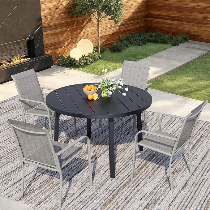 5 Pieces Round Dining Table Set for 4, Patio Dining Set Includes 4 Grey Stackable Patio Chairs and 1 Black Round Table, Patio Furniture Setss with Sling Support for Outside, Garden