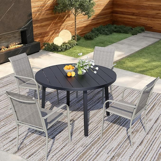 5 Pieces Round Dining Table Set for 4, Patio Dining Set Includes 4 Grey Stackable Patio Chairs and 1 Black Round Table, Patio Furniture Setss with Sling Support for Outside, Garden