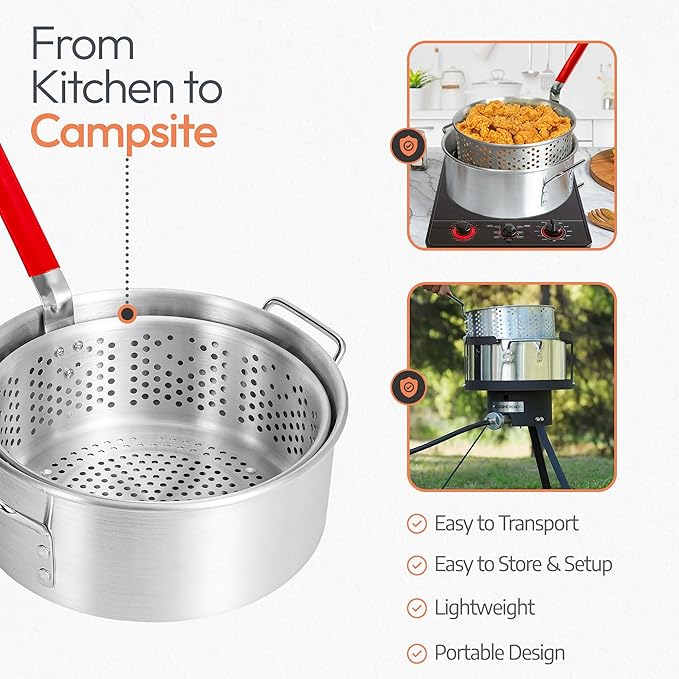 Aluminum Fish Fryer Pot with Basket | 10QT Deep Frying Pot with Handle | Outdoor Oil Fryer pan with Fry Basket | Cooking Pot | Fried Chicken, Fish, Seafood, Turkey Legs, French Fries