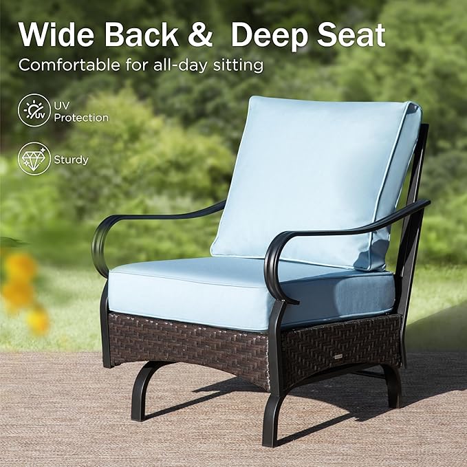 PHI VILLA Outdoor Modern Patio Furniture Set, Upgraded Wicker&Metal Patio Furniture Conversation Set with Waterproof Thick Cushions for Porch, Poolside, Deck, and Yard (4 Pieces,Blue)