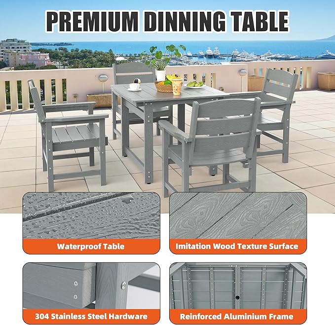 3-Piece HIPS Patio Dining Set, Outdoor Dining Table and Chairs Set with Umbrella Hole, Weatherproof Dining Table Set for 2 Person, Patio Furniture Set for Outside Deck, Grey