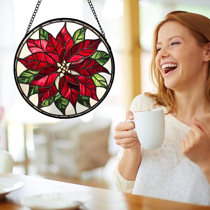 Stained Glass Window Hanging - Red Poinsettia Birth Flower Suncatcher for Door Garden Yard Sun Catchers Decor Christmas Mother's Day Birthday Gifts for Women Mom Nana Friend Men 9.8 in