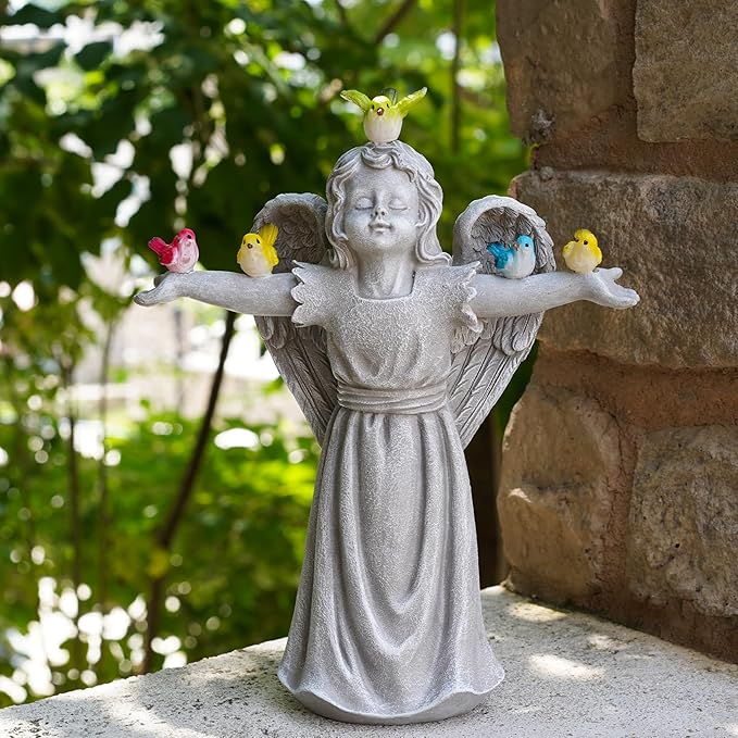 MININOVA Solar Angel Garden Statue with 5 Birds Solar Lights, Resin Cherub Figurine Outdoor Decor for Garden Porch Yard, Gift for Women Mothers Day Birthday Housewarming