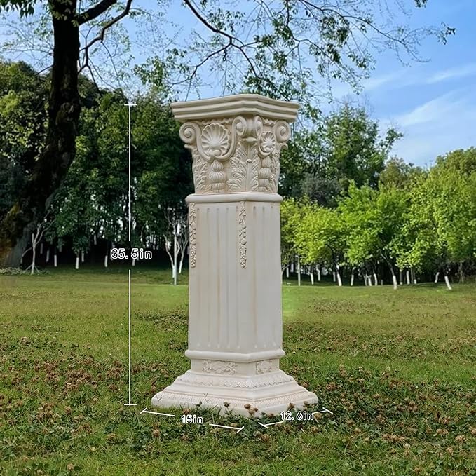 Large 35.5" Vintage Weathered Corinthian Column Pillar with Base Pedestal Magnesium Oxide Ideal for Displaying Statues, Vases, or Planters Decoration for Garden Backyard Patio Office, White