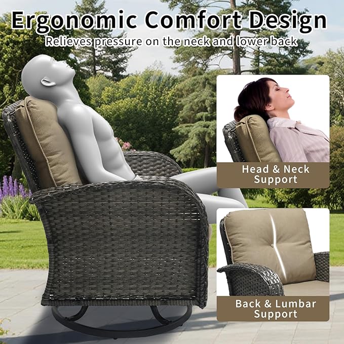 3 Pieces Patio Furniture Set, Outdoor Swivel Rocking Chair Set of 2 with Side Table - 360° Swivel, Thick Cushions, All-Weather Bistro Set for Deck, Porch, Pool(Brown, Grey Full-Weave Rattan)