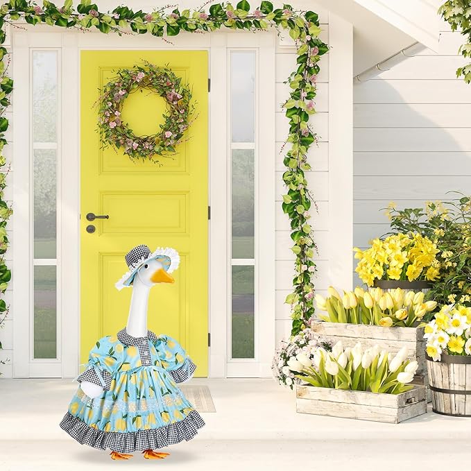 Lolita Goose Outfit Set for 23'' H Plastic Porch Cement Statue Cute Lolita Skirt Fall Spring Summer Goose Costume for Indoor Outdoor Yard Lawn Patio Art Decor(Lemon)