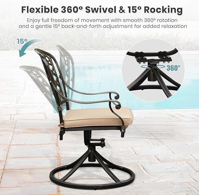 Set of 4 Cast Aluminum Patio Chairs with Cushions, All-Weather Aluminum Outdoor Swivel Chairs, Metal Outdoor Rocking Chairs for Backyard, Poolside and Bistro (Khaki, 4 Pieces)