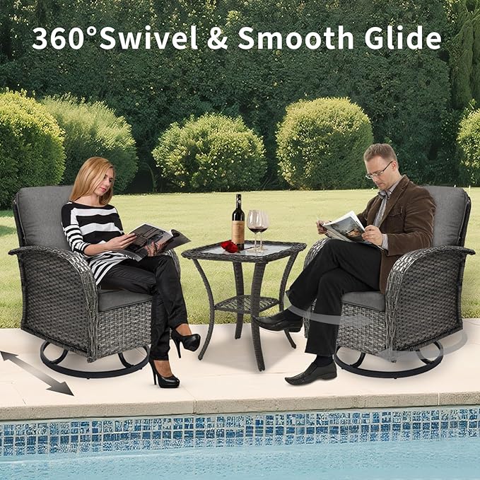 3 Pieces Patio Furniture Set, Outdoor Swivel Rocking Chair Set of 2 with Side Table - 360° Swivel, Thick Cushions, All-Weather Bistro Set for Deck, Porch, Pool(Grey, Grey Full-Weave Rattan)