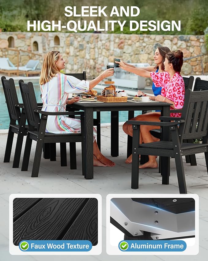 YEFU HIPS Patio Table Set: 10 Piece Outdoor Table and Chairs Dining Furniture Set with Umbrella Hole - Black Modern Plastic Dining Sets 8 Person for Outside Deck with Metal Aluminum Frame