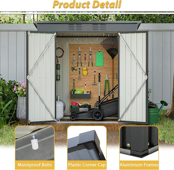 6x4 FT Outdoor Metal Storage Shed with Frame Floor & Sloping Roof, Lockable Double Door, Weatherproof Steel Garden Shed for Tools, Lawn Equipment & Patio Supplies