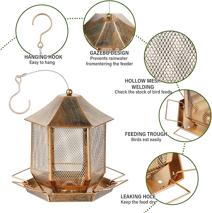 Bird Feeders for Outdoors, 3LB Capacity Metal Bird Feeder Wild Birdfeeders Outside Hanging, Vintage Bronze Rust-Resistant Birdfeeder for Garden Yard Balcony Decor, Easy Fill