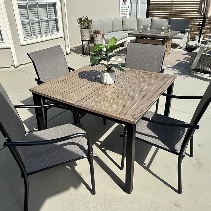 Patio Table and Chairs Set of 4, All-Weather Breathable Textilene Patio Chair with Gourd-Shaped Armrests, 42x42 Wood-Like Table with Umbrella Hole, 5 Pcs Metal Frame Patio Dining Set