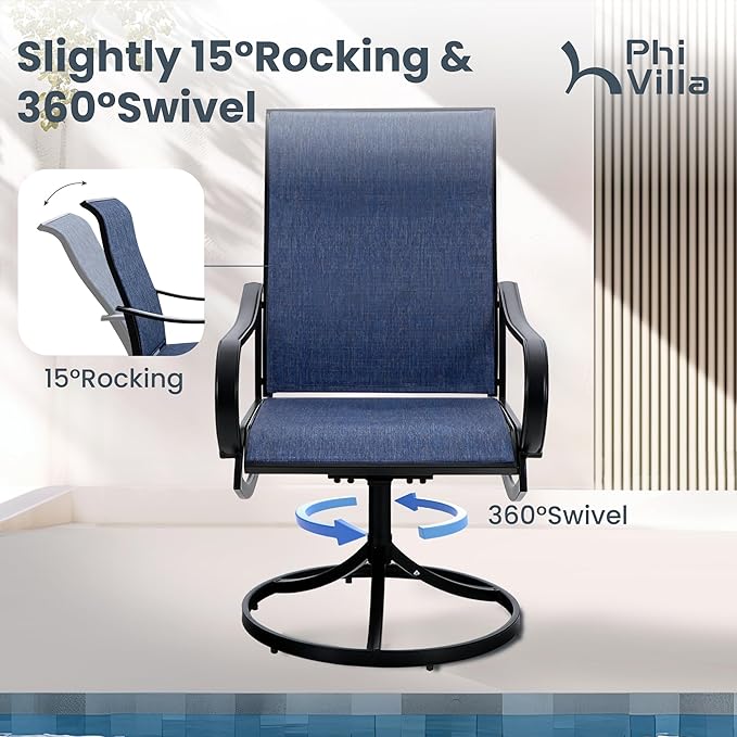 PHI VILLA 7 Piece Outdoor Patio Dining Set with 6 Swivel Dining Chairs & 1 Large Round Dining Table, Blue Textilene Mesh Fabric Chair and 54" Metal Table for All Weather