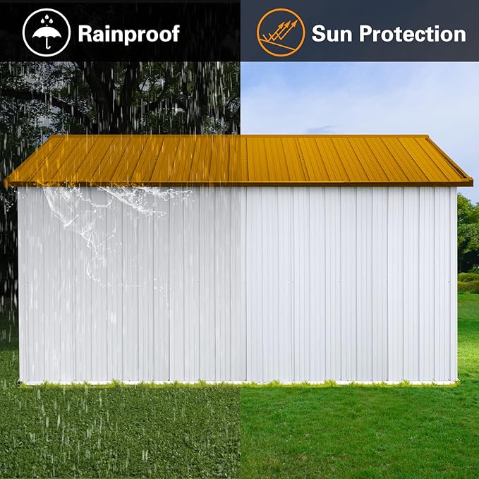 10x12 FT Outdoor Storage Shed,Metal Aluminum Waterproof Tool Sheds with Window,Heavy-Duty Sheds Unit w/Door and Vents,for Storing Bicycles,Lawnmowers,Barbeques,White+Yellow