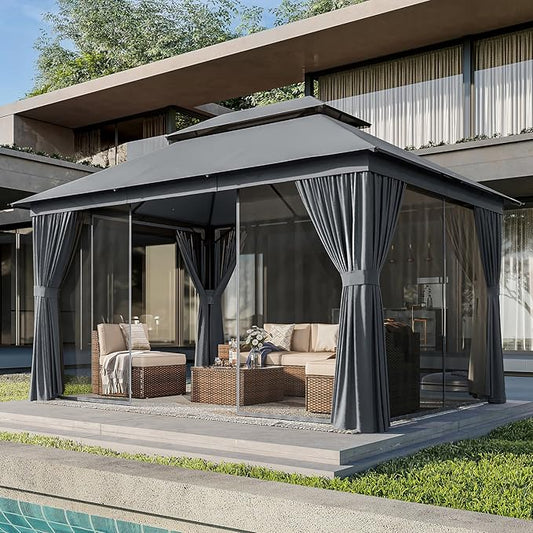 AOXUN Outdoor Gazebo for Patio 10x13, Metal Frame Canopy with Double Roofs, Heavy Duty Party Tent and Shelter with Mosquito Netting and Privacy Screen for Backyard, Lawn, Garden,Deck (Dark Gray)