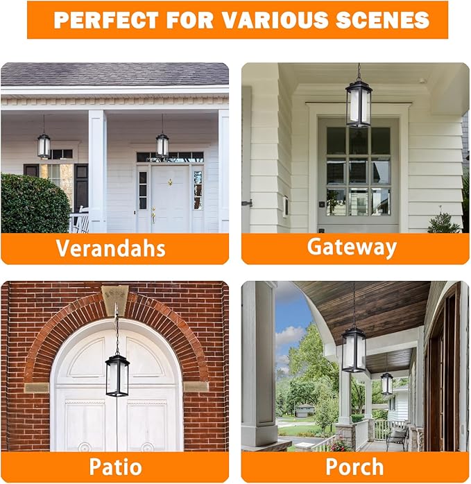 JYZ Dusk to Dawn Outdoor Hanging Light, Exterior Pendant Lantern Dusk Till Dawn, Modern Contemporary Indoor Outdoor Chandelier Lamp Ceiling Mount for Front Porch Entry Gazebo Patio Garden Pergola