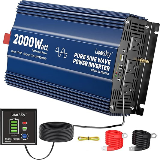 2000 Watt Pure Sine Wave Inverter, 12V DC to 120V AC Converter for RV Truck Off-Grid Solar Home Power Inverter with 3 AC Outlet, 5V 2.4A USB, Remote Control Compatible with Lithium Battery by LEESKY