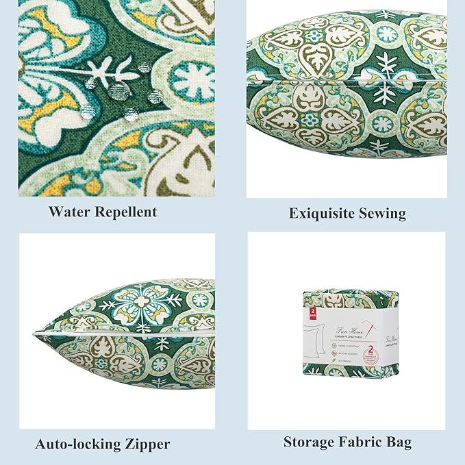 FUNHOME Indoor Outdoor Lumbar Pillow Covers ONLY, No Insert! Water-Repellent Patio Lumbar Cases 12” x 20”, Decorative Throw Pillowcase Shell for Couch Garden Furniture Use -Green Medal