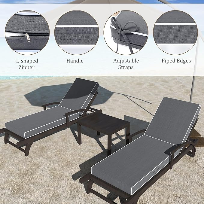Chaise Lounge Cushions Outdoor Furniture 72 x 21 Inch Olefin Patio Lounge Chair Cushions 4'' Thick Waterproof Outdoor Chaise Cushion Weather Resistant Pool Lounger Cushion (Gray)