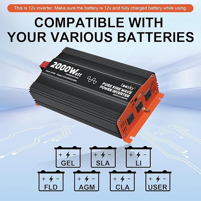 2000 Watt Pure Sine Wave Power Inverter 12v to 110v 120v Built-in UL-Listed Fuse Compatible with Lithium Battery Starlink for Home RV Truck Off-Grid Solar by LEESKY