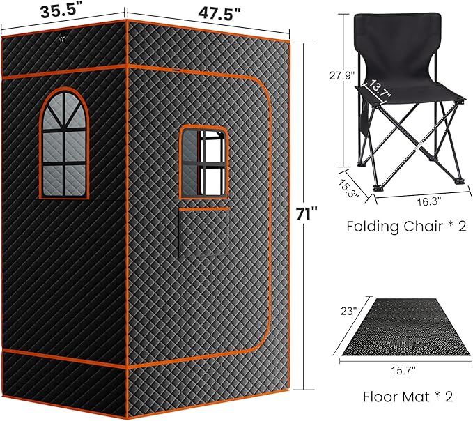 NAIZEA 2 Person Sauna Box, Portable Steam Sauna, Portable Saunas for Home Spa with 3L 1200W Steamer, Remote Control, 2 Folding Chair,1 or 2 Person Full Body Saunas Tent for Relaxation, 3.9'x2.9'x5.9'
