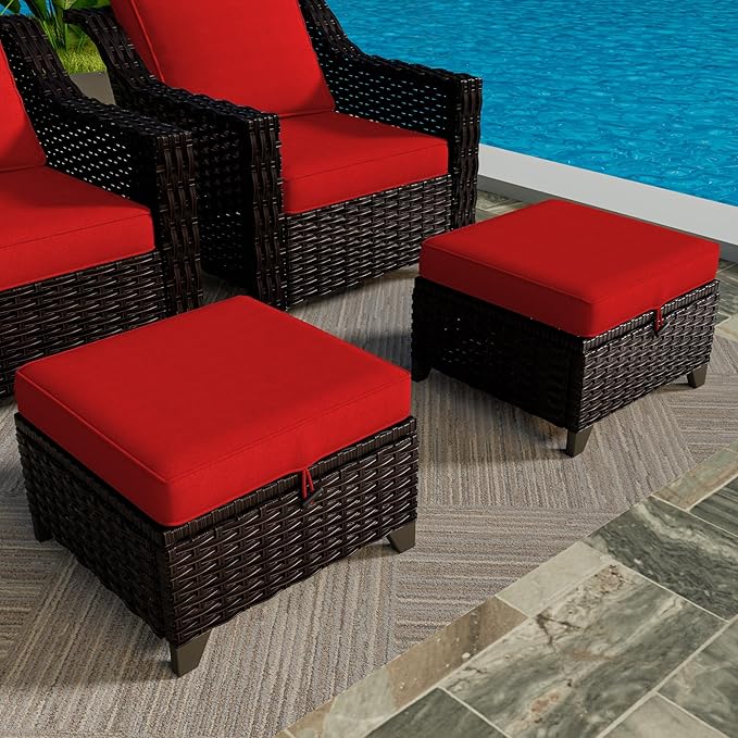 Vista Vibe 2 Pieces Patio Wicker Ottomans, Luxurious Footstools, Outdoor Small Footrest, Wicker Furniture with Removable Cushions,All-Weather PE Rattan, Garden, Backyard, Porch(Brown/Red)