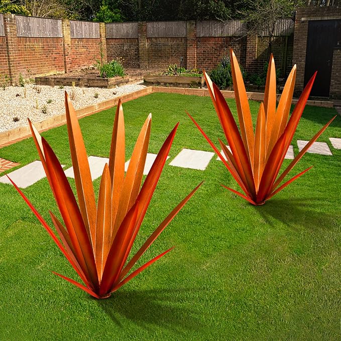 TOMBABY Large Leaf Thickened Metal Agave Plant Outdoor Decoration Desert Courtyard Art Plant Garden Decoration Outdoor Metal Art Floral Gift (1, RED)