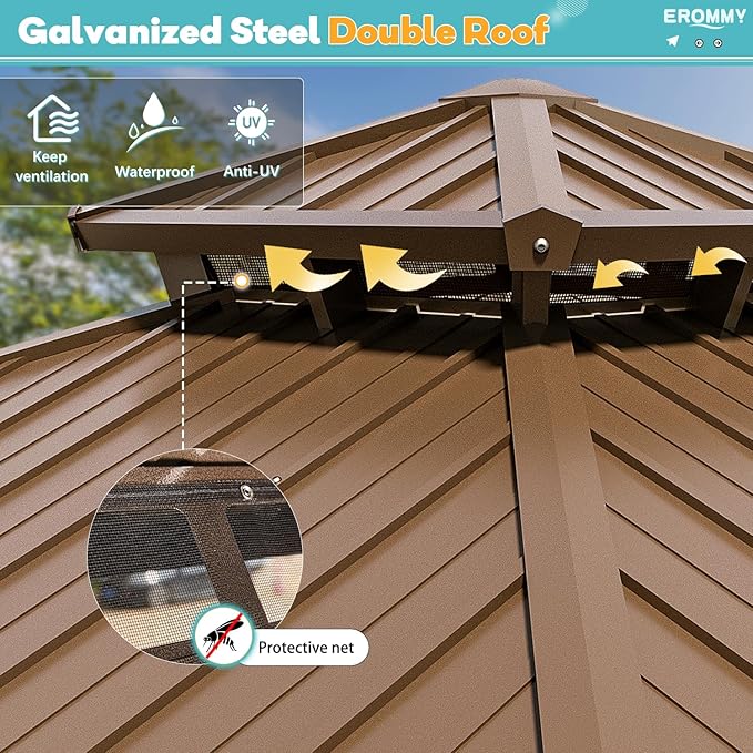 EROMMY 12'x12' Gazebo Hardtop, Galvanized Steel Double Roof Metal Gazebo with Aluminum Frame, Permanent Outdoor Pavilion with Curtain and Netting for Patio, Lawn and Garden, Brown