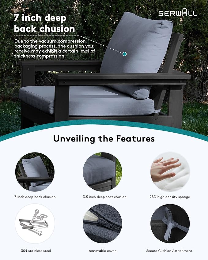 SERWALL HDPE Patio Furniture Set, 7-Piece Outdoor Sectional Sofa Set, All Weather Outdoor Couch Set for Deck, Lawn, Black Frame with Grey Cushion