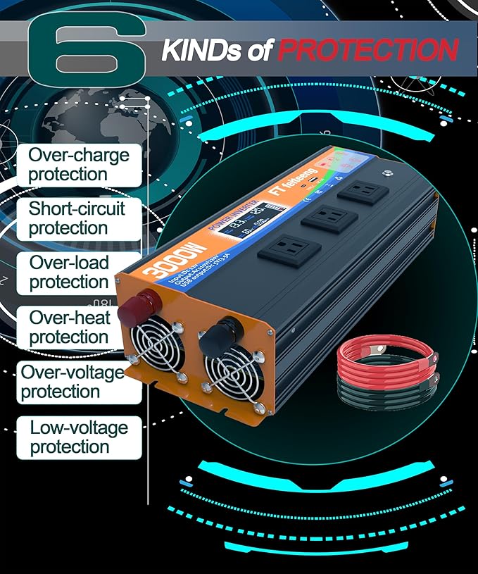 3000w Power Inverter, 12v DC to 120v AC Inverter with LCD Display, 3 Ac Sockets and USB-C & Qc 3.0 Port for Camping Emergency Vehicles Truck Rv Solar System