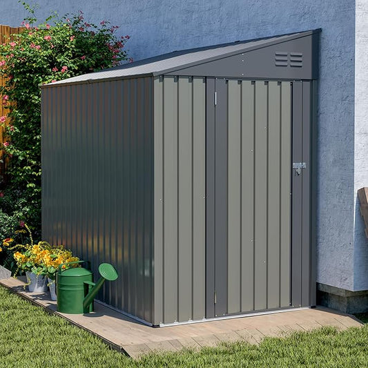 4 × 7 FT Lean to Storage Shed, Outdoor Metal Wall Side Bike Mower Sheds & Outdoor Storage Cabinet, Lockable Tool Organization Shed for Garden Patio